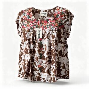 Savannah Jane Peasant Blouse Boho Embroidered Animal Print Short Sleeve Small